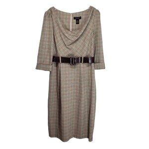 ROBBIE BEE Plaid Belted Drape Neck Dress 12 Tan Red Black Academia Librarian